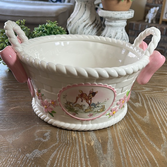 Walt Disney Bambi Thumper Bunny Rabbit Ceramic Weaved Easter Basket Pink Bows - Picture 5 of 10